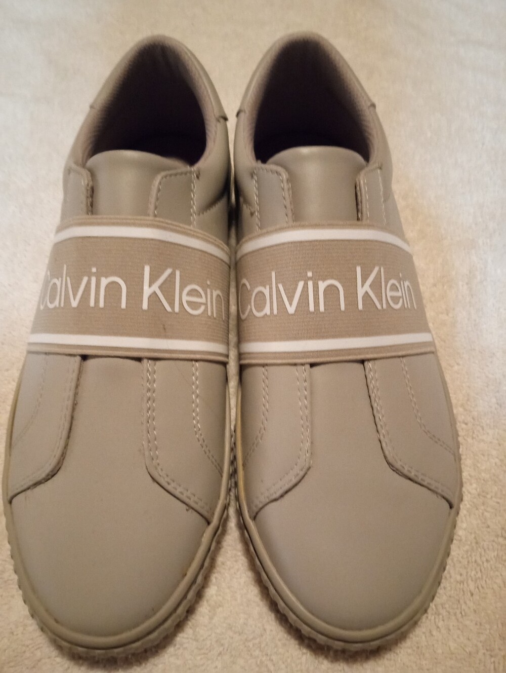 Calvin Klein Beige-Taupe Logo Elastic Slip-Ons Sz 10M New